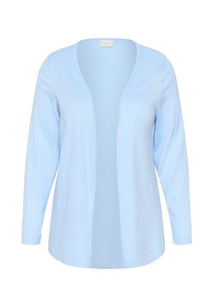 Cardigan bleu deschis, cu partea frontală deschisă, mâneci lungi, material tricotat texturat, tiv rotunjit și detalii subtile de cusături. Potrivit pentru stratificare.