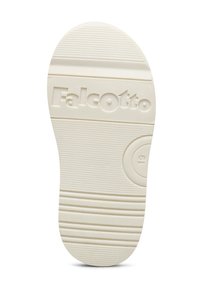 Suola di una scarpa bianca con linee di presa testurizzate, logo "Falcotto" in rilievo e numero di taglia "19" all'interno di un marchio circolare.