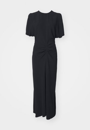 Fekete ruha rövid puff ujjakkal, összegyűrt elülső résszel és oldalsó kivágásokkal, sima anyagból, amely sikkes megjelenést kölcsönöz.