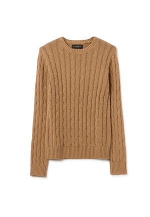 Pull en tricot marron avec un motif en câble, col rond et poignets et ourlet côtelés. Le matériau semble doux avec une finition texturée.