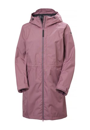 Μακρύ αδιάβροχο παλτό σε απόχρωση μωβ με κουκούλα, εμπρόσθιο φερμουάρ, ρυθμιζόμενα μανίκια και πλαϊνές τσέπες, σχεδιασμένο για προστασία από τον εξωτερικό καιρό.