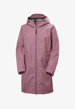 Μακρύ αδιάβροχο παλτό σε απόχρωση μωβ με κουκούλα, εμπρόσθιο φερμουάρ, ρυθμιζόμενα μανίκια και πλαϊνές τσέπες, σχεδιασμένο για προστασία από τον εξωτερικό καιρό.