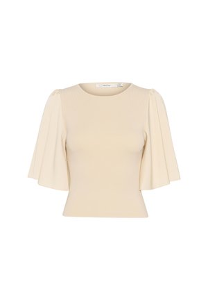 Cream-colored top made of soft fabric, featuring short, fluttering sleeves and a round neckline. Simple, fitted design without patterns.