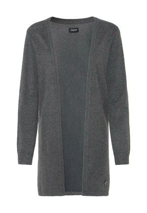 Harmaa neuletakki, jossa on avoin etuosa, pitkät hihat ja teksturoitu neulos. Sisältää pienen logon alakulmassa.