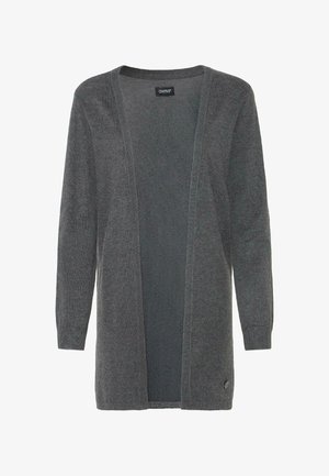 Sivý kardigán s otvoreným predným dielom, dlhými rukávmi a textúrovaným pletením. Obsahuje malú logovú časť na dolnom pravom rohu.