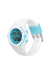 Orologio sportivo digitale con cinturino in plastica bianca, dettagli blu e quadrante rotondo che mostra ora e data. Impermeabile fino a 100 metri.