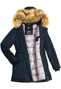 Navy blue parka with a faux fur hood. Inside lined with light purple quilted material. Features front pockets and elastic cuffs.