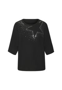 Black short-sleeve top featuring a star-shaped embellishment made of silver sequins, with a round neckline and soft texture.