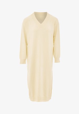 Vestito di maglia crema con scollo a V e maniche tre quarti. Vestibilità comoda, texture morbida e dettagli a costine sul collo e sui polsini.