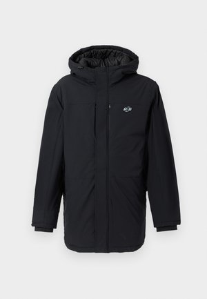 Black insulated jacket with a hood, featuring a front zipper and side pockets, made from smooth, lightweight fabric. Logo on left chest.