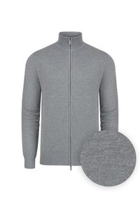 Szary kardigan na zamek wykonany z dzianiny. Posiada wysoki kołnierz, długie rękawy i ściągacze. Wstawka pokazuje zbliżenie teksturowanej tkaniny.