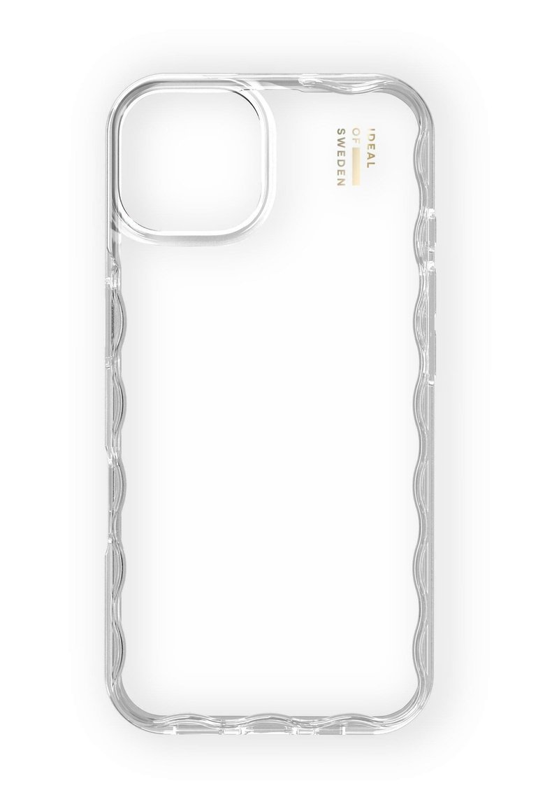 Cover trasparente per telefono con un design a bordo ondulato, realizzata in plastica resistente, caratterizzata da una superficie liscia e un'apertura per l'accesso all'obiettivo della fotocamera.