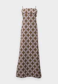 Brown maxi dress with white circular pattern, featuring thin adjustable straps and a straight cut. Smooth fabric with a slight sheen.