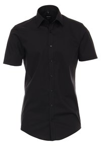 Zwarte korte mouwen button-up shirt, gemaakt van gladde stof, met een klassieke kraag en zes bijpassende knopen aan de voorkant.
