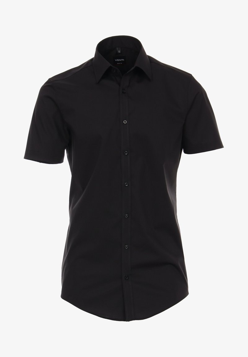 Zwarte korte mouwen button-up shirt, gemaakt van gladde stof, met een klassieke kraag en zes bijpassende knopen aan de voorkant.
