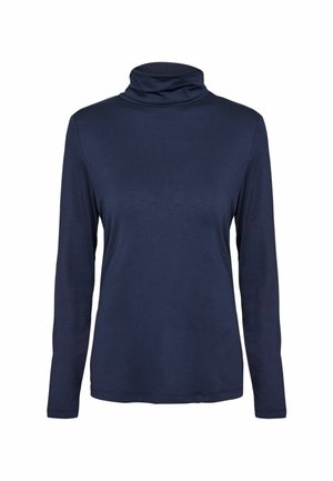 Navy-blaues langärmeliges Turtleneck-Oberteil aus einem weichen, dehnbaren Stoff. Verfügt über einen hohen Kragen und ein einfaches, elegantes Design ohne Muster oder Akzente.