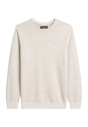 Maglione beige chiaro in tessuto strutturato con scollo rotondo, maniche lunghe e un piccolo logo decorativo sul davanti.