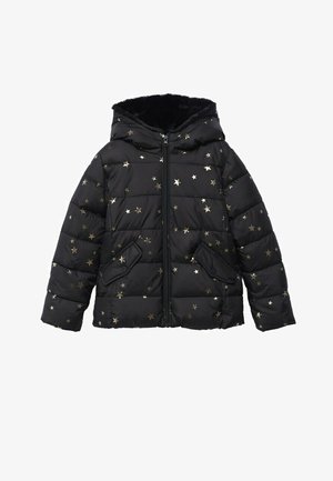 Schwarze Steppjacke mit Kapuze, versehen mit goldenen Sternmustern, einem Reißverschluss und zwei Fronttaschen. Strukturiertes, gestepptes Design.