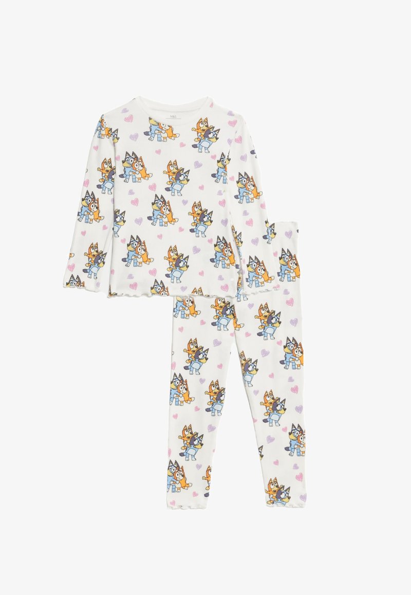 Long-sleeve pajama set made of soft cotton, featuring a white background with colorful cartoon animal patterns and small heart motifs.