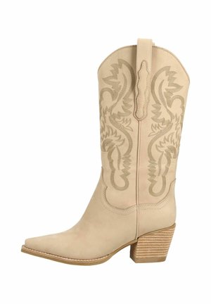 Beige leren cowboylaars met sierlijke stiksels, aantreklus, spits toelopende neus en gestapelde houten blokhak.