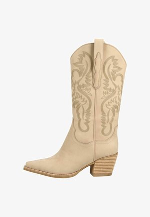 Beige leren cowboylaars met sierlijke stiksels, aantreklus, spits toelopende neus en gestapelde houten blokhak.