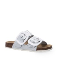 Sølvmetallisk slide sandaler med to hvide justerbare spænder, korkfodbed, hvid gummisål, flad design og en glat tekstur.