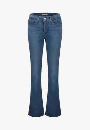 Jeans acampanados de mezclilla azul con cintura media, diseño de cinco bolsillos y sutiles arrugas en los muslos, confeccionados con una tela suave y ligera.