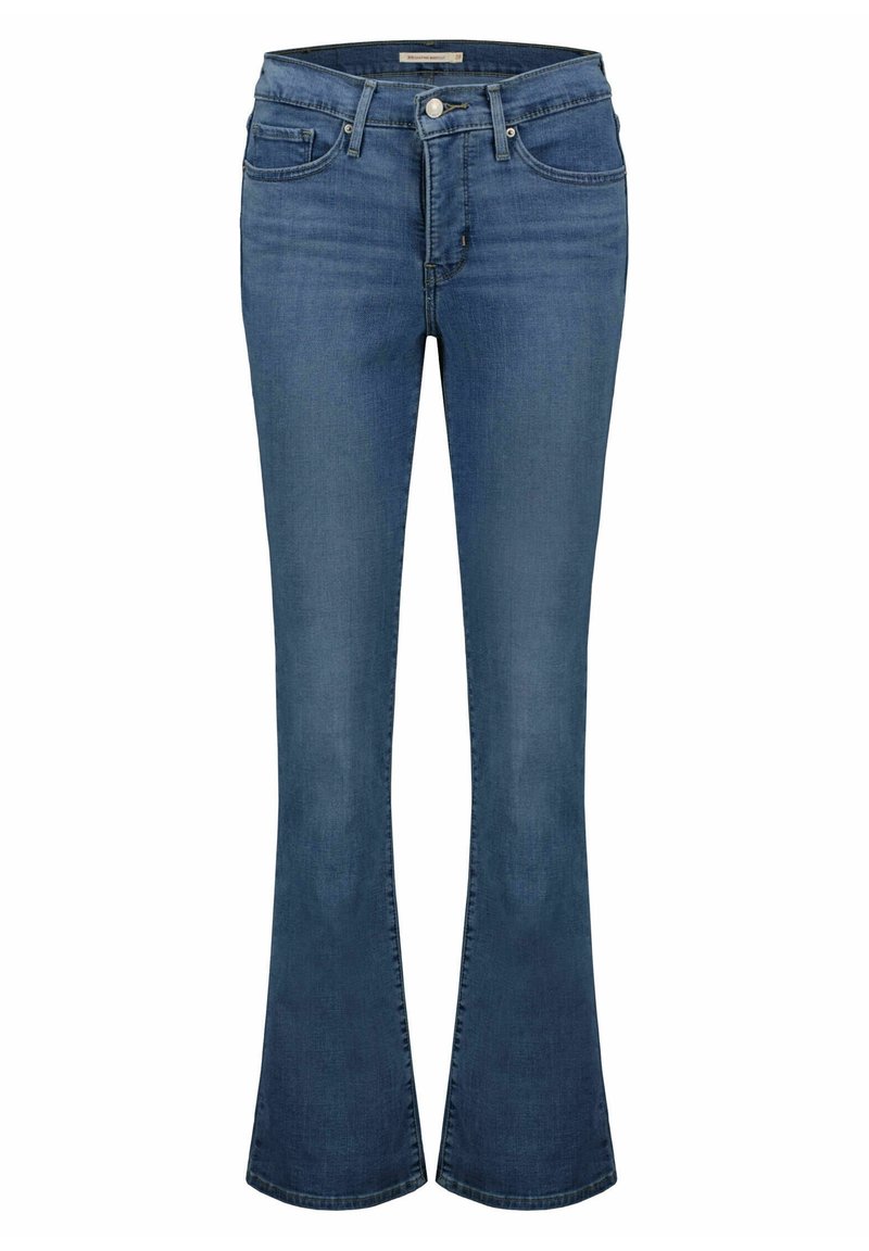 Niebieskie dzwony z denimu o średnim stanie, z pięcioma kieszeniami i subtelnym efektowaniem na udach, wykonane z miękkiego, lekkiego materiału.