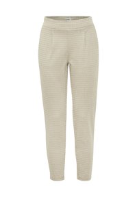Beige patterned trousers with a textured grid design, straight cut, side pockets, and an elastic waistband. Lightweight fabric.