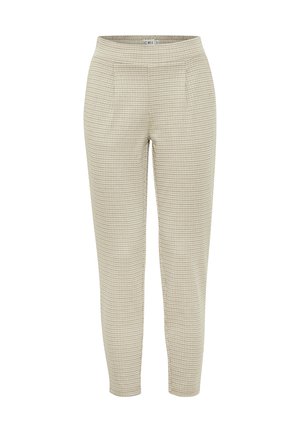 Beige gestreepte broek met een gestructureerd ruitpatroon, rechte snit, zijzakken en een elastische tailleband. Lichtgewicht stof.