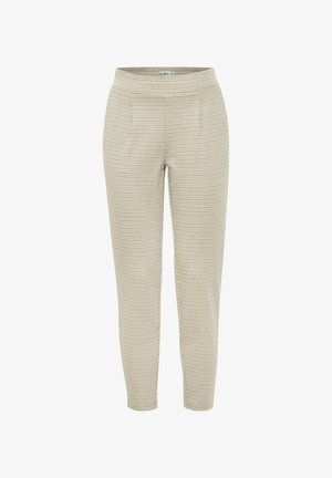 Beige gestreepte broek met een gestructureerd ruitpatroon, rechte snit, zijzakken en een elastische tailleband. Lichtgewicht stof.