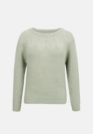 Vaaleanvihreä neulotun neuleen paita, jossa pitkät hihat, pyöreä pääntie ja kauluksen ympärillä lehtikuviot.