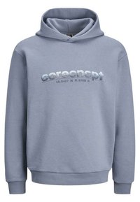 Sweat à capuche gris en tissu doux, avec un graphisme sur le devant comportant un texte brillant, une grande poche, et des poignets et un ourlet côtelés.