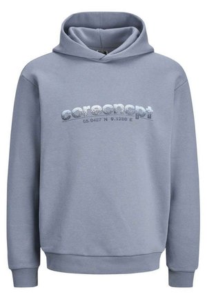 Sweat à capuche gris en tissu doux, avec un graphisme sur le devant comportant un texte brillant, une grande poche, et des poignets et un ourlet côtelés.