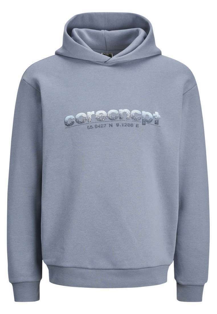 Sweat à capuche gris en tissu doux, avec un graphisme sur le devant comportant un texte brillant, une grande poche, et des poignets et un ourlet côtelés.