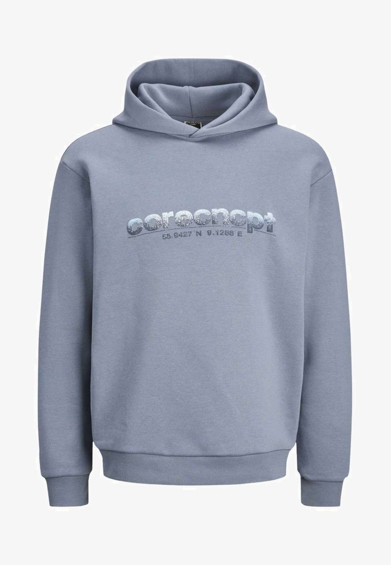 Sweat à capuche gris en tissu doux, avec un graphisme sur le devant comportant un texte brillant, une grande poche, et des poignets et un ourlet côtelés.