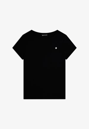 Camiseta negra de manga corta hecha de tejido suave, con un escote redondo y un pequeño logotipo en la parte izquierda del pecho.
