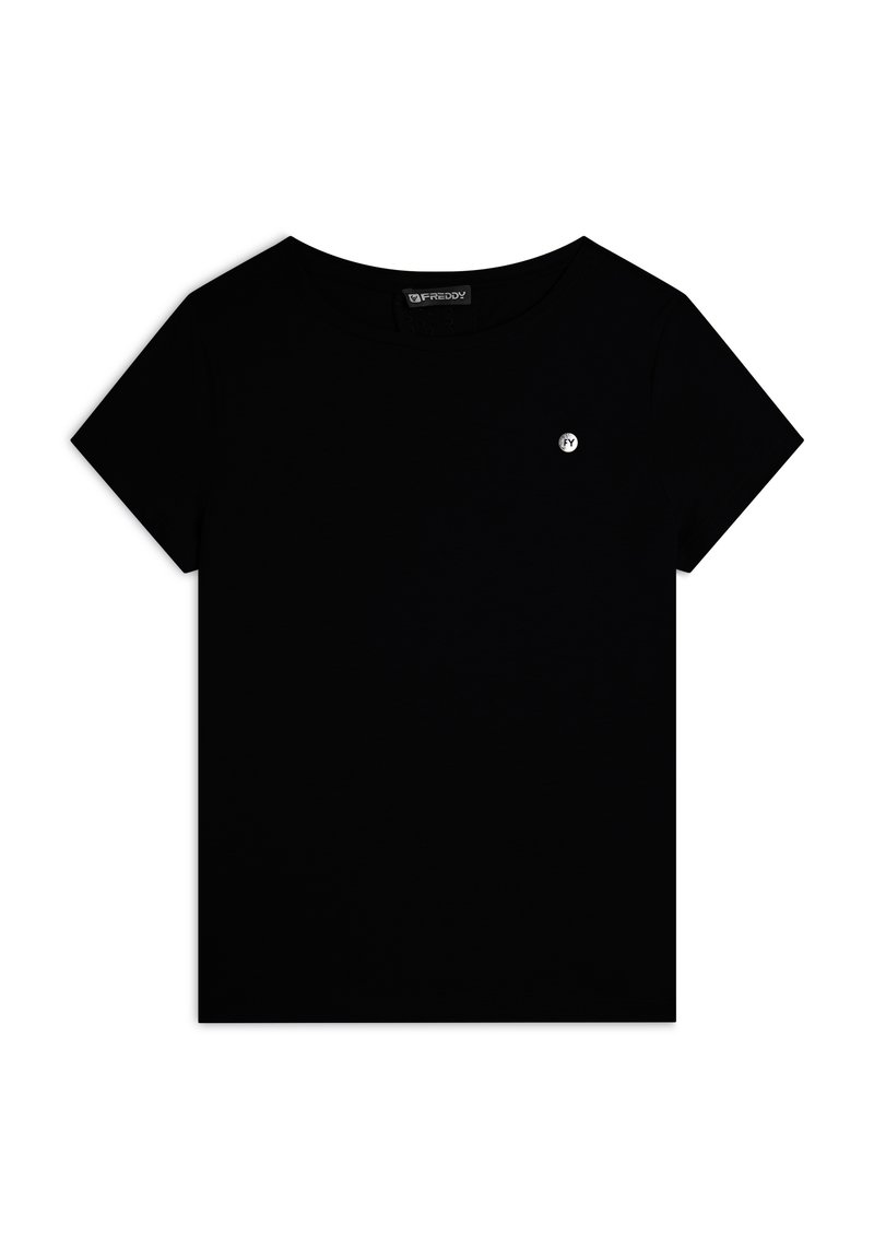 T-shirt nero a maniche corte realizzato in tessuto morbido, con scollatura rotonda e un piccolo logo sulla parte sinistra del petto.