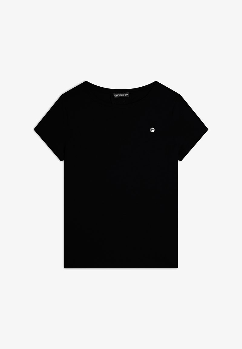 Camiseta negra de manga corta hecha de tejido suave, con un escote redondo y un pequeño logotipo en la parte izquierda del pecho.