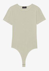 Bodysuit verde claro hecho de algodón suave, con mangas cortas, un escote redondeado y un fondo estilo tanga. Presenta costuras planas y un detalle mínimo.