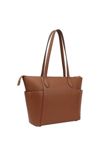 Bruine leren shopper met twee schouderbanden, ritsafsluiting en externe zijzakken. Glad textuur, gestructureerde vorm.