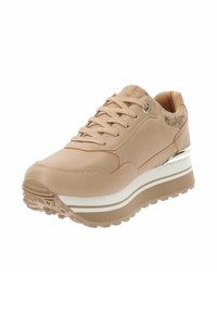 Sneaker beige dal design elegante, con una tomaia strutturata, una suola intermedia bianca e una suola rigata per una migliore aderenza. Accentuato da dettagli hardware discreti.