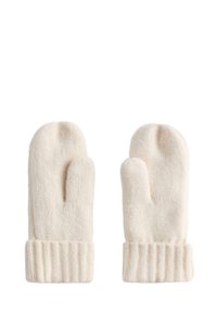 Par crvene pletene vunene rukavice krem boje s rebrastim manžetama, osmišljene da pokriju ruke i prste odvojeno radi topline.