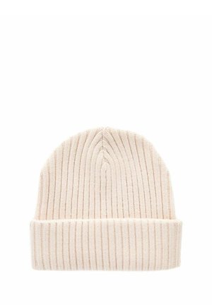 Stickad mössa i ljusbeige med ribbat mönster och uppvikt kant. Mjuk, elastisk material för komfort och värme.