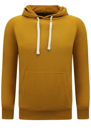 Mosterdgele hoodie met een kangoeroezak, witte trekkoorden, ribbelmanchetten en een zachte, gestructureerde afwerking. Klassiek pullover ontwerp.