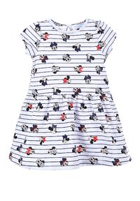 Robe rayée en blanc et bleu avec des manches courtes, présentant des motifs de personnages de dessin animé en rouge et marine, jupe froncée à la taille.