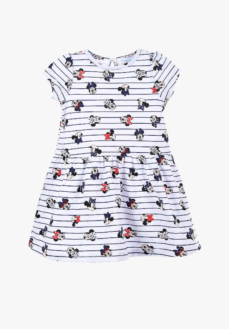 Gestreepte jurk in wit en blauw met korte mouwen, voorzien van patronen van tekenfilmfiguren in rood en marineblauw, met een gezameld rokje bij de taille.
