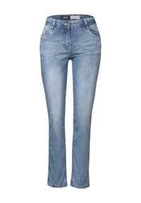 Jeans en denim bleu clair avec une coupe droite, cinq poches, une légère décoloration et une fermeture à bouton en métal. Présente une taille classique.