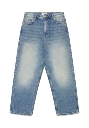 Jeans in denim azzurro chiaro a gamba larga con finitura sbiadita, dotati di cinque tasche, passanti per cintura e chiusura con bottone in vita.