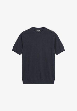 Tamnoplava muška pulover majica kratkih rukava s okruglim izrezom, rebrastim rubovima rukava i donjeg dijela, označena Antony Morato, prikazana na bijeloj pozadini.